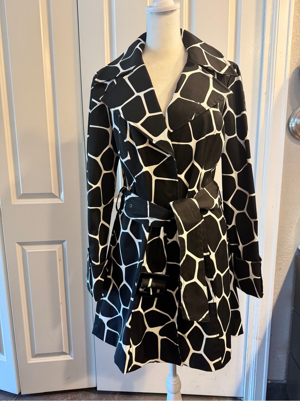 INC International Concepts Black Trench Coat with White Geometric Trim